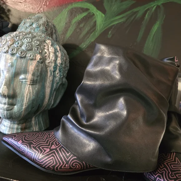 HANDCRAFTED Upcycled Faux Leather Black Boots HANDPAINTED Kitten Heel Ankle Shoe - Picture 12 of 17